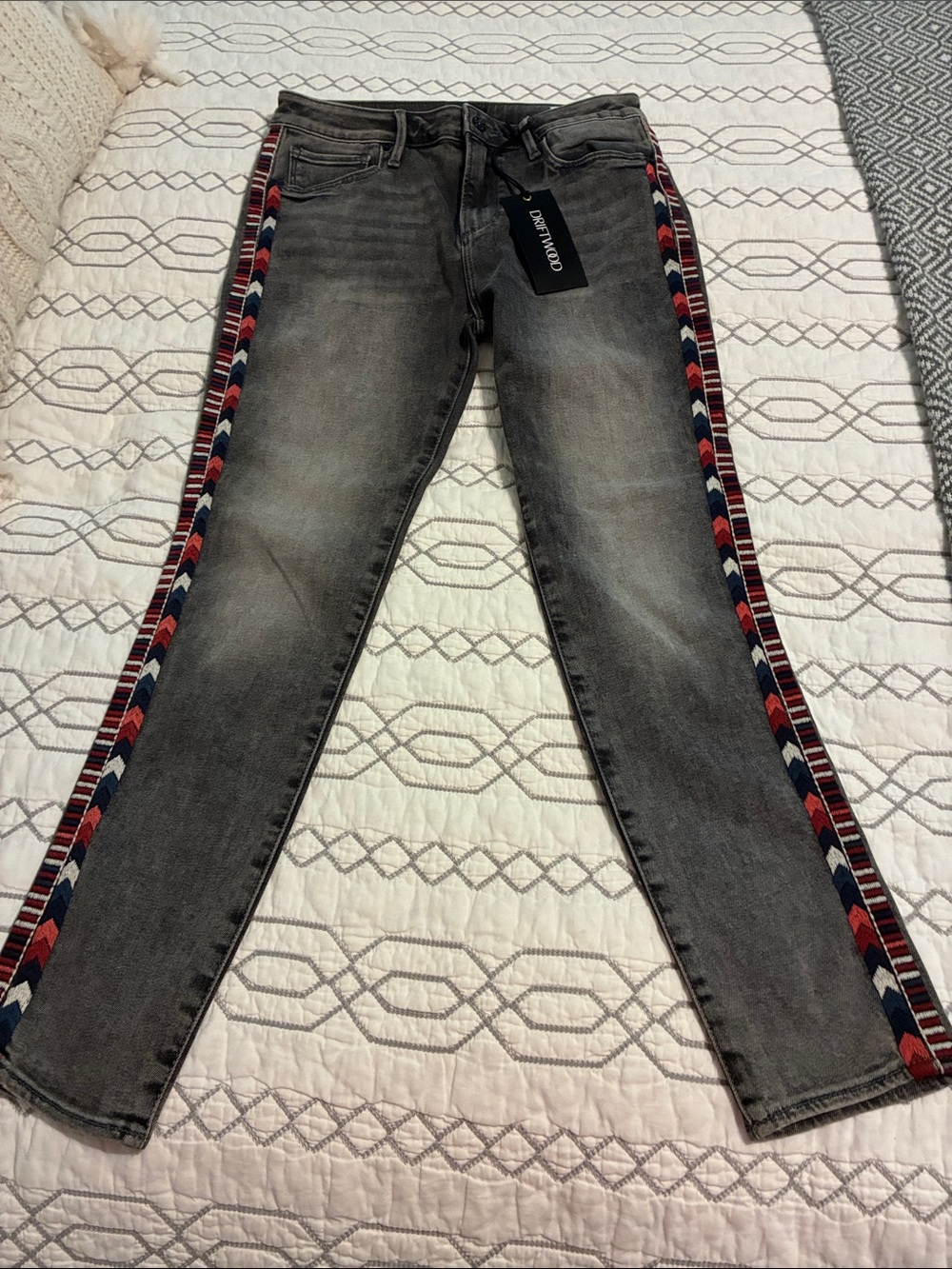 DRIFTWOOD Washed Gray Skinny Jeans with Red & Navy Side Chevron